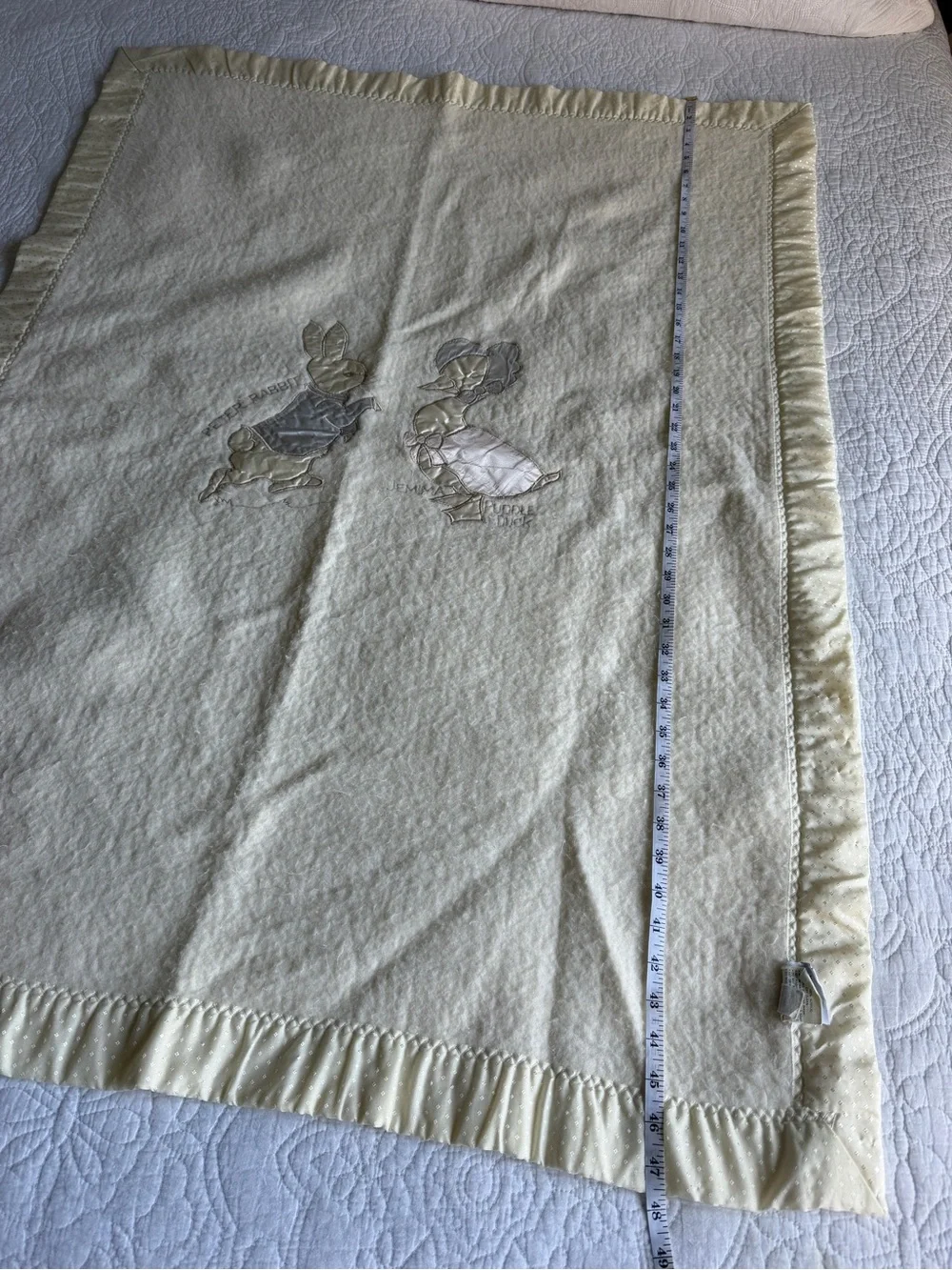Vintage Quiltex Beatrix Potter Peter Rabbit Embroidered Satin Edge Baby Blanket